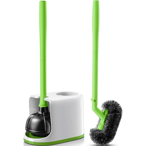 Image of HAMITOR Toilet Plunger Bowl Brush Combo：Heavy Duty Rubber for Drain Clog Remover - Curved Design Bristles for Deep Cleaning Under Rim - Compact Bathroom Cleaning Tools for New Homet Essentials-Green