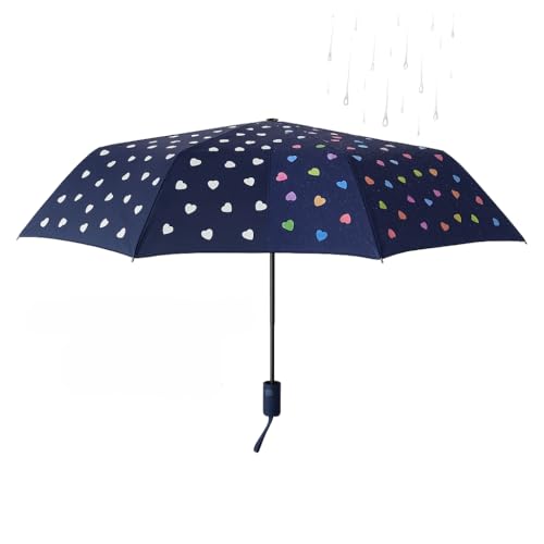 Genérico Paraguas Plegable Mágico con Diseño de Corazones, Cambia de Color con la Lluvia, Azul Marino 96 cm diametro (Azul)