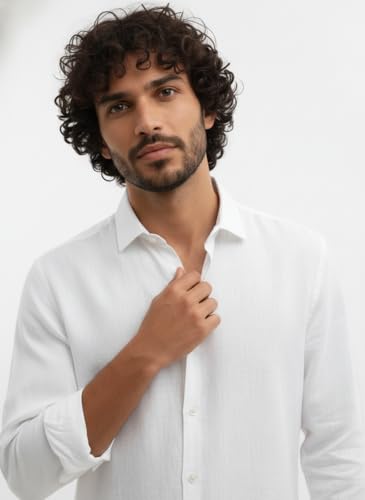 Image of Men's Linen Cotton Shirt | Solid Design | Full Sleeve | Regular Fit | Button Down Collar | Summer Casual & Formal Wear