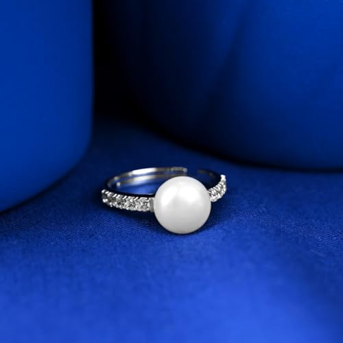 Image of Clara Pure 925 Sterling Silver Amore Real Pearl Size Adjustable Finger Ring | Gift for Women and Girls | Swiss Zircon Platinum Plated