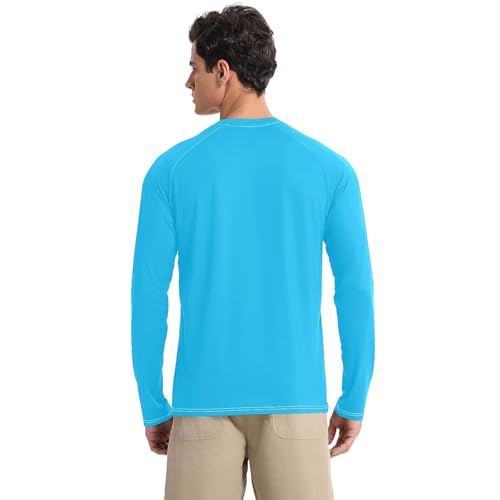 Deep Sky Blue Men's Rash Guard Loose Crew Neck Elasticity Long Sleeve Sun Protection UPF 50+ Beach2