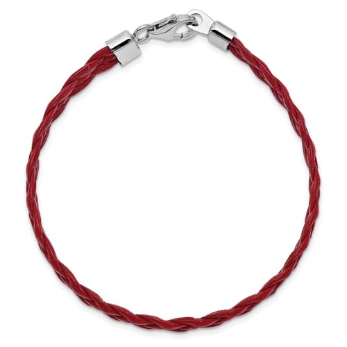 925 Sterling Silver Rhodium Plated Red Braided Leather Bracelet 7"2