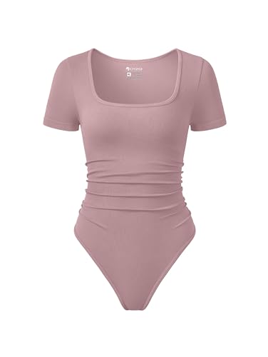 Image of OQQ Women Bodysuits Ruched Short Sleeve Square Neck Stretch Lounge Travel Bodysuits