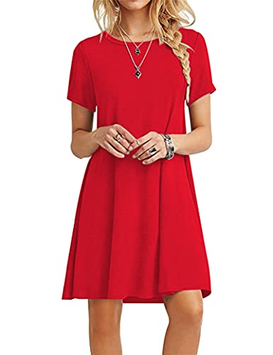 Zeagoo Vestido de verano para mujer, largo hasta la rodilla, manga corta, holgado, mini vestido de playa, cuello redondo, vestido informal, rojo, S