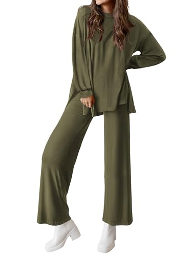 PRETTYGARDEN Womens 2 Piece Outfits Crewneck Long Sleeve Pullover Tops Wide Leg Long Pants Casual Lounge Set Travel Tracksuit