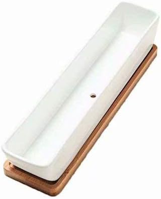 Sunruners Succulent Pots with Bamboo Tray - Rectangular Ceramic Planters for Succulents & Cactus - White, 27.9 cm L x 4.2 cm W x 5.3 cm H