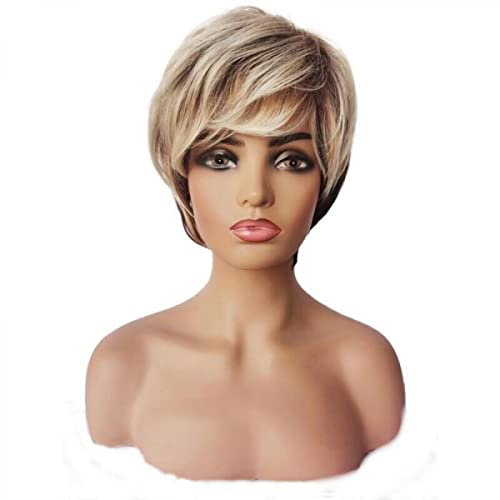 Women's Golden Short Straight Hair Wig, Fluffy Golden Mixed Color Gradient Fringe Short Curl Wig, High-temperature Silk Wig - Image 3