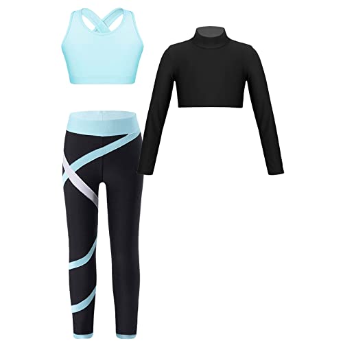Kids Girls 3 Piece Dance Outfits Sports Bra Long Sleeve Crop Top Athletic Leggings Set Gymnastics Tracksuit
