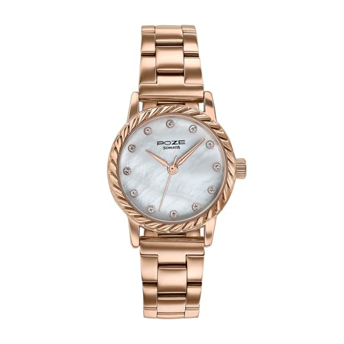 Image of Sonata Poze 8 Quartz Analog with MOP White Dial IP Rose Gold Solid Link Strap Watch for Women - SP80177WM01W