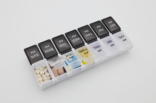 Image of 7 Day Weekly Pill AM PM Organizer, ShysTech Large Pill Case Pill Box for Pills /Vitamin /Supplements /Medication (Separable, Small Black /White) (Pack of 2)