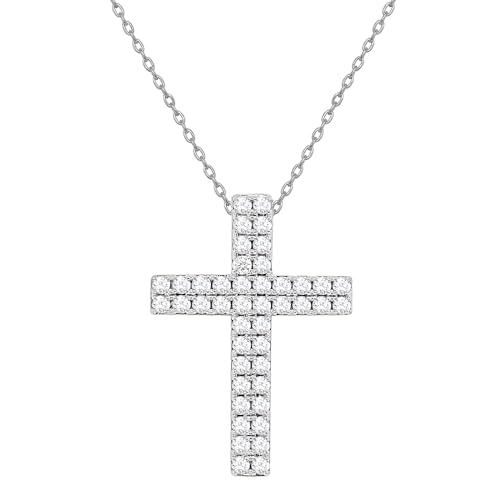 IGI Certified 1 Carat Lab Grown Diamond Cross Necklace 2-Row (F-G Color, VS2-SI1 Clarity) Sterling Silver or 14K Yellow Gold Plated Silver - 18 Inch Chain