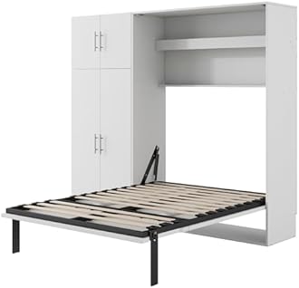 Full Size Murphy Bed Wall Bed with Lockers and Wardrobes, Traditional Solid Wood Murphy Bed Chest with Sturdy Slats Support for Bedroom Guest Room Home Office, Space-Saving (Full)