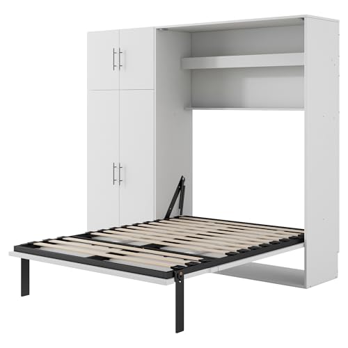Full Size Murphy Bed Wall Bed with Lockers and Wardrobes, Traditional Solid Wood Murphy Bed Chest with Sturdy Slats Support for Bedroom Guest Room Home Office, Space-Saving (Full)