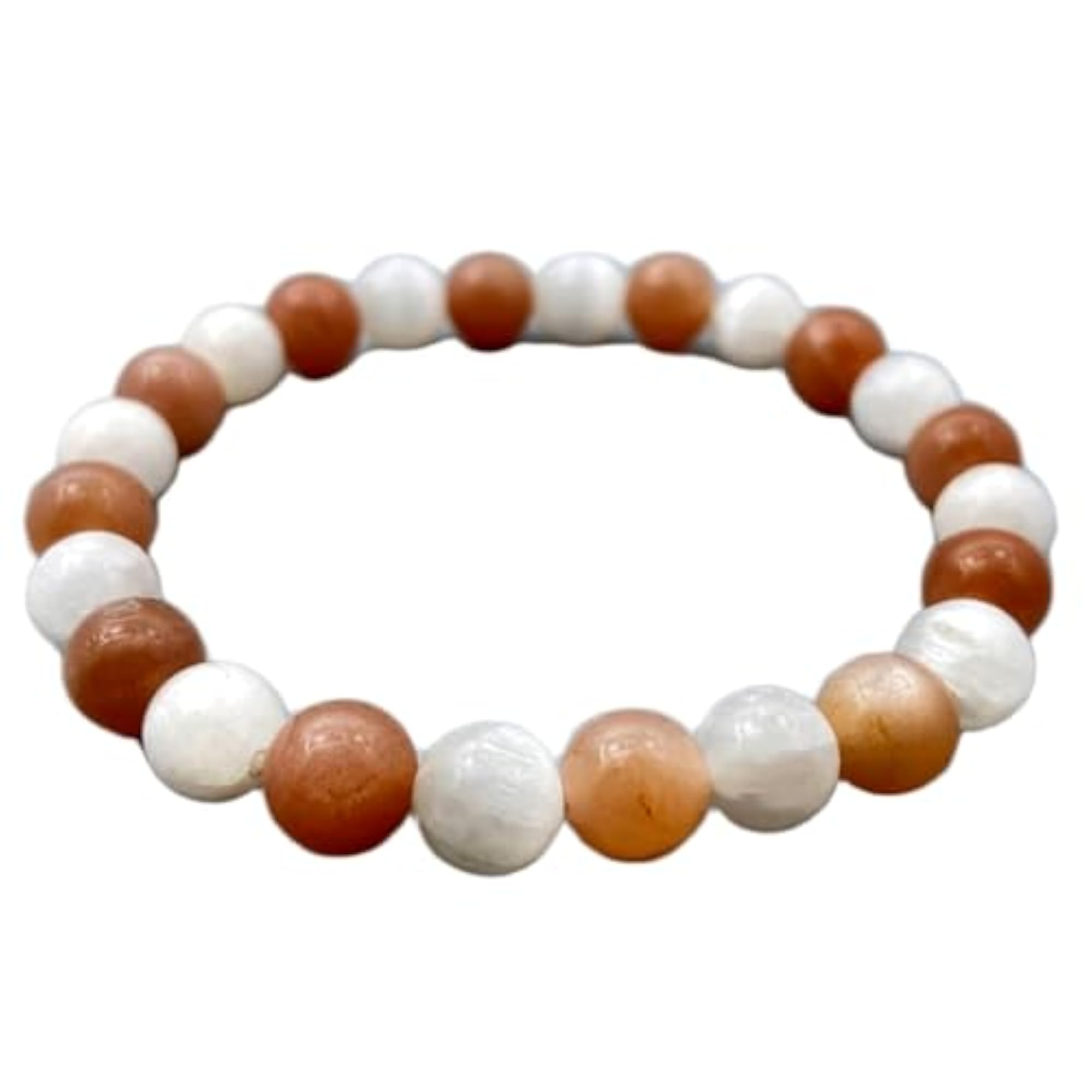 Natural Selenite & Moonstone 8mm Round Bead Stretchable Bracelet, Unisex