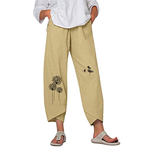 Mifyiar Flare Leg Warmers Womens Solid Casual Pants Printed Trousers Elastic Waist Pockets Wide Leg Trousers Straight Leg Beige #TOP21