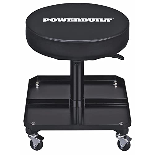 Powerbuilt Rolling Seat, Height-Adjustable Garage Stool With Tool Tray, Smooth And Padded For Car Repair, Detailing, Comfort - 640834, Black #TOP22