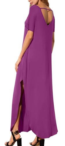 Image of GRECERELLE Women's Summer Maxi Dress Casual Loose V Neck Short Sleeve Side Split Long Dresses with Functional Pockets