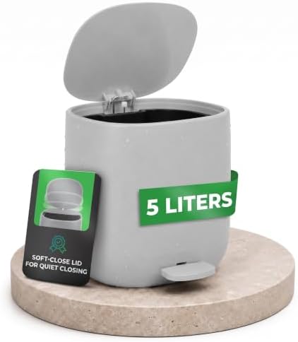 Yourcasa Bathroom bin 5L with lid [Softclose] - Stylish Design - Bedroom small and slim toilet trash can with pedal [Non Slip] - sanitary cosmetic dustbin - toilet trashcan waste rubbish trash (Grey)