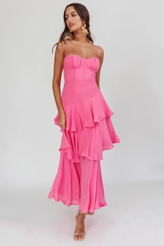 RSOETOO Tiered Bridesmaid Dresses for Women 2025 A-Line Long Chiffon Spaghetti Strap Formal Party Dress RO0374