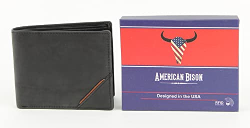 American Bison Cowhide Bifold Wallet – RFID-Blocking Slim Leather Wallet with Center ID Flap & Card Slots (Black)2