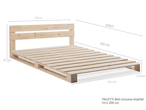 Palettenbett Moebel-Eins Paletti mit Kopfteil aus Massivholz