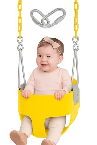 Image of Heavy-Duty High Back Full Bucket Toddler Swing Seat with 60 inch Coated Swing Chains and Carabiners for Easy Install Fully Assembled (Yellow)