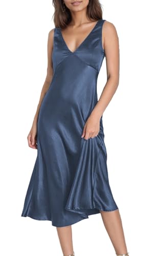 Summer Satin V Neck Backless Midi Dresses for Women 2025 Silky A line Formal Low Back Sleeveless Wedding Guest Long Dress
