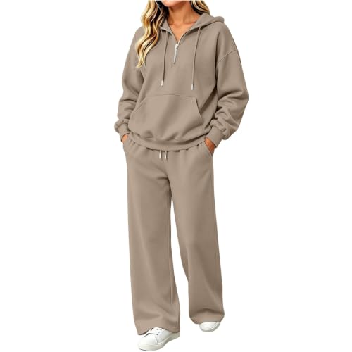 XINGJIAARTS Matching Sweat Sets For Women Gym Half Zip Hooded Lounge Set Loose Wide Leg Sweatpants Workout Travel Tracksuit Khaki Large - image 1