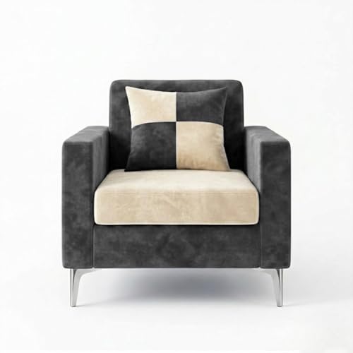 Image of FURNY Lushwood 3 Seater + 1 Seater + 1 Seater Sofa Set (Dark Grey-Cream) | Premium Suede Velvet Fabric Finish | Silver Metal Legs | Durable Comfort Sofa for Modern Living Room & Office Spaces
