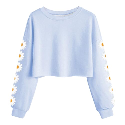 Pullover Kind Mädchen Cartoon Grafik Langarmshirt Freizeit Rundhalsausschnitt Cropped Pullover Baumwolle Langarm Sweatshirt Top Weicher Lässige Casual Oberteile Top Mädchen (Sky Blue, 8-9 Years)