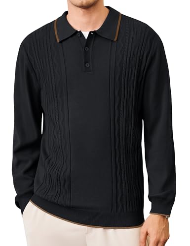 Cotrasen Mens Knit Polo Sweater Long Sleeve Textured Casual Collared Button Sweater Ribbed Lightweight