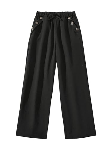 Image of SweatyRocks Girl's Casual High Elatic Waisted Wide Leg Pants Button Pockets Pant Trousers Black 8Y