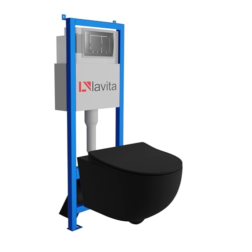 lavita Lavita LAV 101 elemento de pared para inodoro 40 cm + inodoro suspendido suspendido BRAVA negro sin borde + panel de control LAV 200.1.3 satinado | Conjunto completo | Cisterna empotrada | Jue
