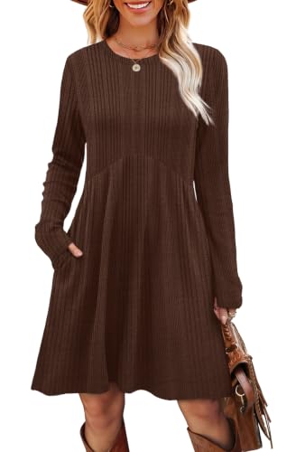 Image of OFEEFAN Long Sleeve Dress for Women Crew Neck Empire Waist Tunic Dress with Pockets