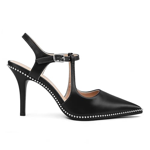 Image of SAMMITOP Womens High Heels Ankle Strap Pointed Toe Stilettos Patent Leather Beaded Pumps Dress Shoes 3.5 Inch