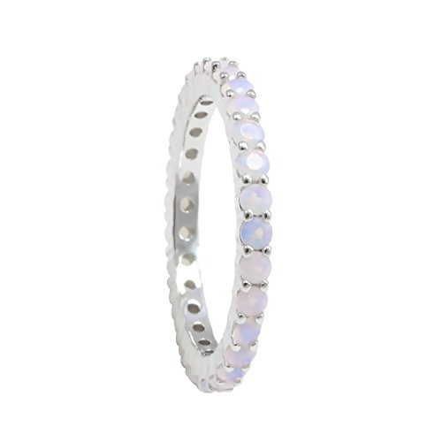 Blue Apple Co. 2mm Full Eternity Stackable Engagement Band Ring Round Created White Opal 925 Sterling Silver, Size - 9