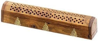 New Age Smudges and Herbs Wooden Coffin Incense Burner - Buddha 12" - Brass Inlays & Storage Compartment