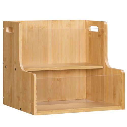 HOOBRO Vinyl Record Storage Crate, Stepped 2-Tier Record Crate, Album Storage Box, Visible Record Holder Crate with Handle, for Vinyl, Magazine, Folder, Album, Natural YL02CW01