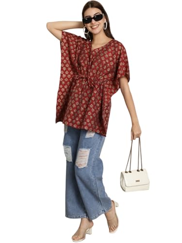 Women's Chanderi Printed Kaftan Top with Bell Sleeve Dress (Maroon)