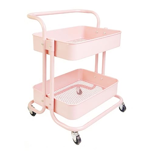 Image of 2 Tier Short Rolling Cart with Wheels All-Metal Pink Pantry Storage for Kitchen,Under Desk Trolley with Handle Small Wheeled Storage Cart for Laundry Room Bathroom, Under Table Small Space