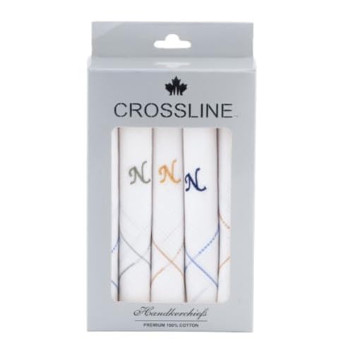 Image of CROSSLINE Men's Initial Monogram (A-Z) Embroidery 100% Pure Cotton Handkerchief | White Base With Colored Border | Handkerchiefs For Men Cotton Soft - (Pack of 5)