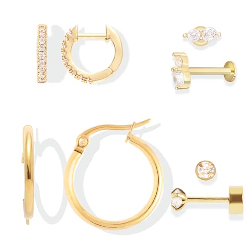 14K Gold Earrings, Hypoallergenic Surgical Steel Earrings for Women, Small 14K Gold Plated Hoop Earrings Trendy, Tragus Piercing Jewelry Flat Back Stud Perfect for Fashion Style.