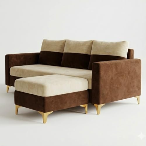 Image of FURNY Canvora 4 Seater L Shape Sofa Set with Movable Ottoman | Flexible Left or Right Layout | Plush Velvet Fabric (Cream-Brown) | Perfect for Living Room, Guest Room & Office