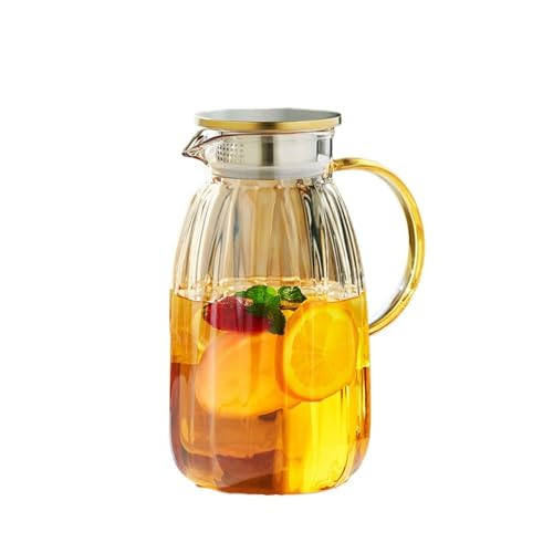Angoda ガラスピッチャー 耐熱耐冷 大容量 洗いやすい 木目デザイン 蓋付き 麦茶 アイスティー フルーツティー 冷水筒 水差し 冷蔵庫保存 熱湯対応 キッチン リビング オフィス おしゃれ エレガント モダン (シャンパン色,2000ml)