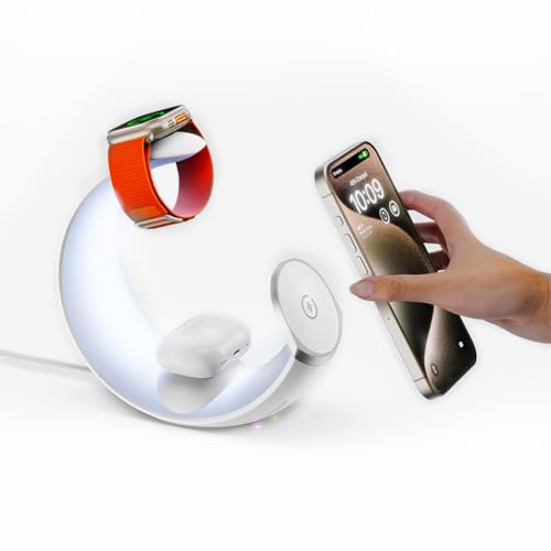 JUCHRZEY 4 in 1 Wireless Charger Magnetic Fast Charging Dock Station QC3.0 PD with Desk Lamp Wireless Charger Station Holder for iPhone 15 14 Watch for AirPods