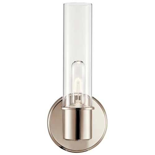 Image of Kichler Aviv 1-Light Wall Sconce, Modern Light with Clear Glass in Polished Nickel, for Bedroom, Laundry Room, Kitchen or Hallway (13 inch x 5.5 inch), 52653PN