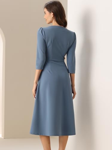 Image of Allegra K Womens 3 /4 Sleeve A-Line Business Work Formal Midi Dress | Elegant Dresses with Pockets, V Neck, Cockatail Party Church Funeral Outfits, Spring Fall Winter
