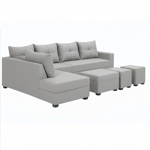 Image of SOCOZI Oriana 8 Seater LHS L Shape Sofa Set | Velvet Suede Fabric L Shape Sofa for Livingroom with 2 Ottoman & Centre Table (Light Grey)