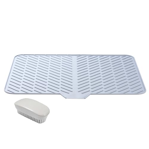 Tobbo Silicone Dish Drying Mat with Drainage Ramp and Dishwashing Brush Set, Kitchen Easy Clean Drain Mat, Drain Board 23x17in (Grey)