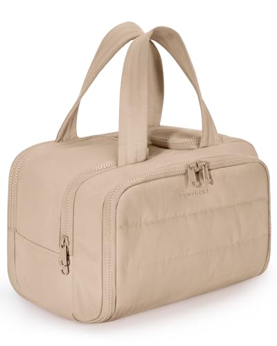 Image of BAGSMART Travel Toiletry Bag, Puffy Toiletry Bag for Women, Wide-open toiletry bags for traveling, Large Travel Cosmetic Makeup Bag Organizer for Accessories,Toiletrie (Khaki)